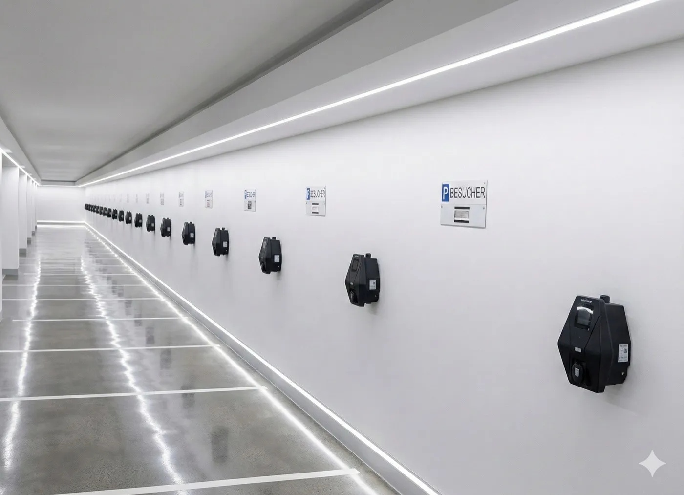 HeyCharge Wallboxen, installiert in einer Tiefgarage