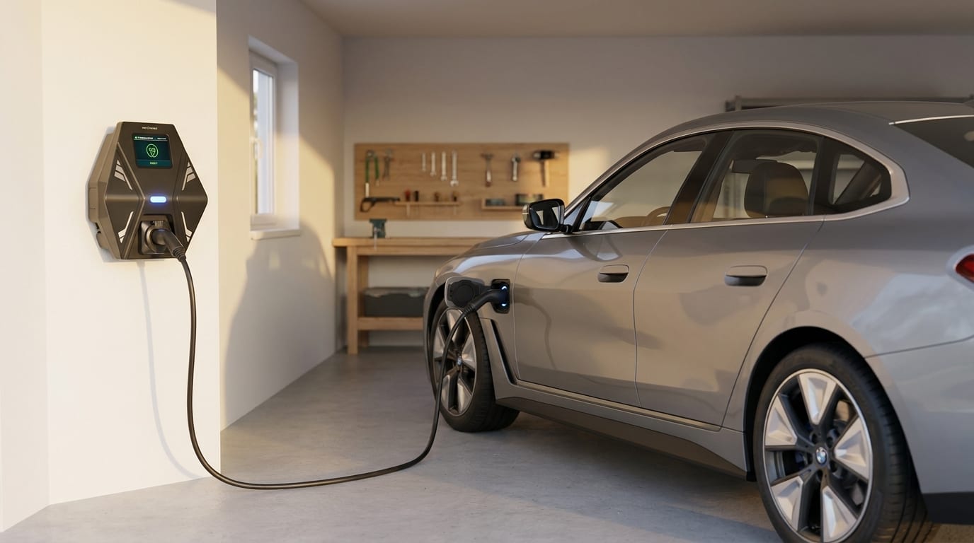 Elektrischer Firmenwagen wird in der Privat-Garage des Mitarbeiters geladen — Symbol für Heimladung mit Arbeitgeber-Abrechnung 2026