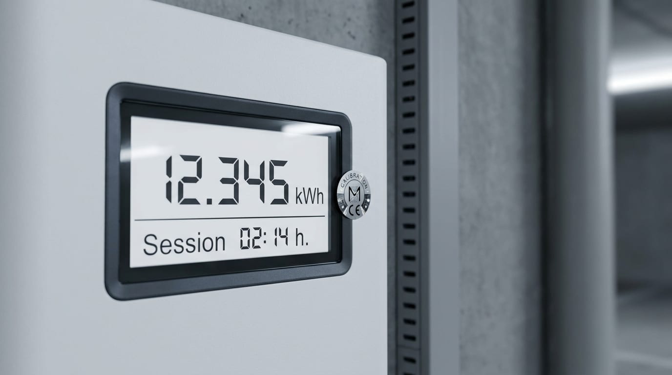 Eichrechtskonforme Wallbox mit signiertem Display und kalibriertem Zähler — Symbolbild für rechtssichere Strom-Abrechnung 2026