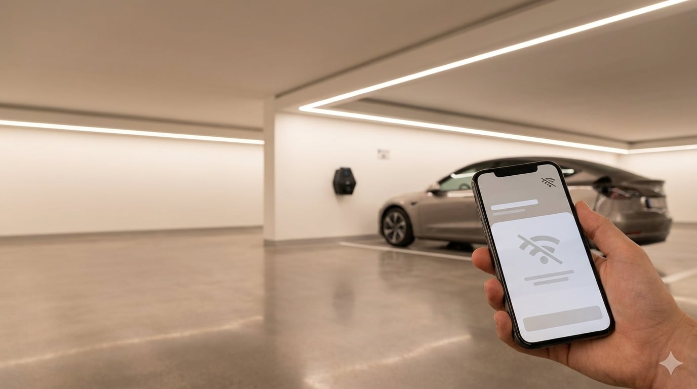 Elektroauto-Fahrer steht in einer Tiefgarage vor einer Ladestation und schaut auf sein Smartphone, das keinen Empfang hat