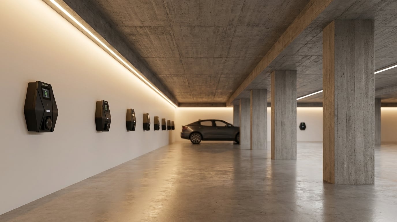 Tiefgarage mit Ladeinfrastruktur in einem Stahlbeton-Gebäude ohne Mobilfunkempfang